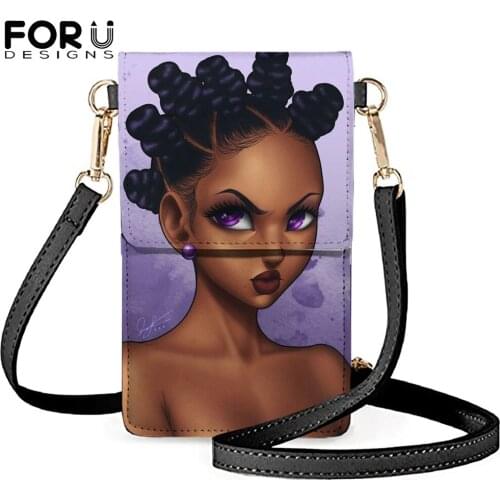 FORUDESIGNS African American Girls Printing Small Pu Leather Crossbody Bag for Women Mini Coin Phone Pouch Cases For iphone 12
