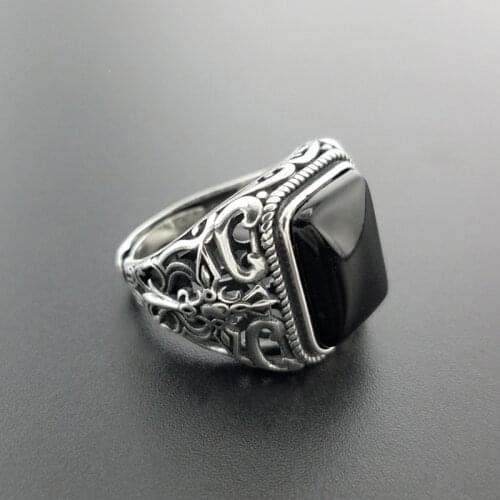 925 Sterling Silver color Men Rings Natural Black Onyx Stone Square Shape Hollow Cross Flower Carved Vintage Punk Jewelry Gifts