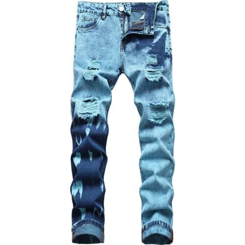 Mens Y2K Ripped Denim Jeans Trendy Fancy Contrast Color Tie and Dye Pants Mid Waist Straight Trousers