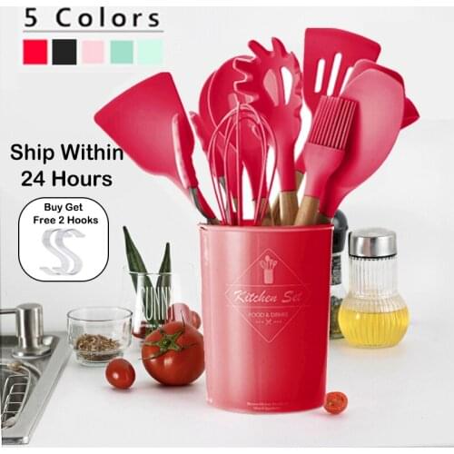 9/10/12PCS Silicone Cooking Utensils Set Non-stick Spatula Shovel Wooden Handle Cooking Tools Set With Storage Box Kitchen Tools