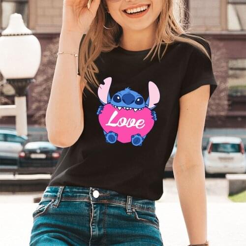 New T-Shirt Female Disneys Lilo & Stitch Kawaii Pattern Women Tshirts Summer Outdoor Black White Tees Fashion Harajuku T Shirts