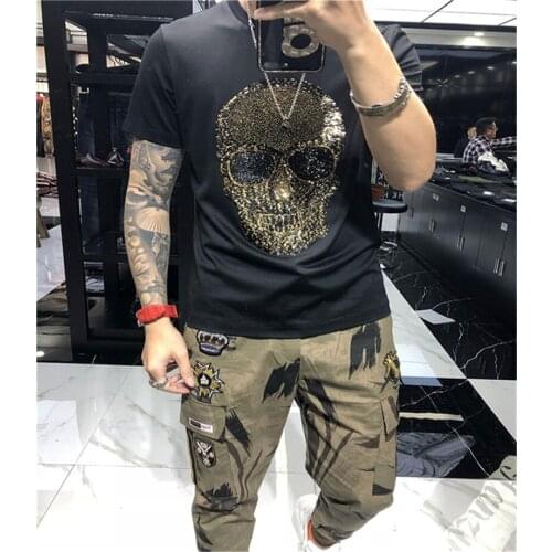 New high quality rhinestone T-shirt mens fashion 100% cotton skull T-shirt summer short sleeve shirt T-shirt