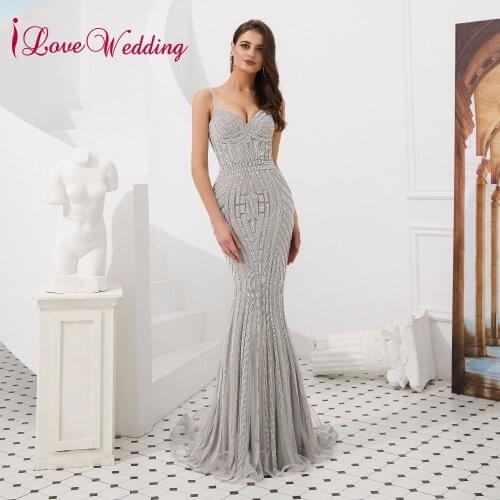 Charming Prom Dress Sexy V Neck Spaghetti Straps Sequin Sweetheart Mermaid Party Gown Long Fromal Evening Silver Dress for Women
