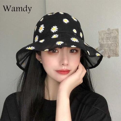 Women Harajuku Bucket Hat Fishing Outdoor Cap Women Bucket Fishing Hats Sunscreen Little Daisy Embroidery Fisherman Hat