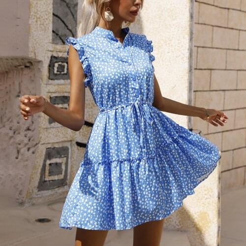 Casual Ruffles Floral Print Mini Shirt Dress Summer Woman Short Sleeve Button Lace Up Dresses Women 2021 Blue A-line Robe Femme