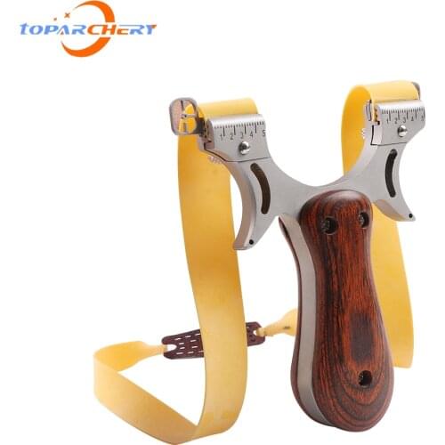 Slingshot for Hunting 5 Points Aiming Powerful Stainless Steel Catapult Shooting Wooden Riser with Flat Rubber Bands