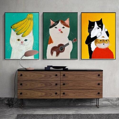 Modern Posters and Prints Cartoon Cute Cat Oil on Canvas Painting on The Wall Art Picture for Living Room Home Decoration