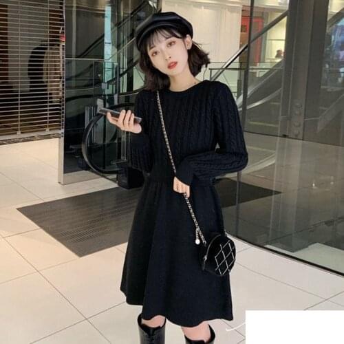 Warm Knitted Dress Womens Autumn Winter New Korean Vintage Base Twist Sweater Dresses Female Elastic Waist Pullover Dress 2021