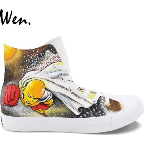 Wen Design Unisex Hand Painted Sports Shoes One Punch Man Anime Canvas High Top Sneakers Male Boys Skateboarding Shoes