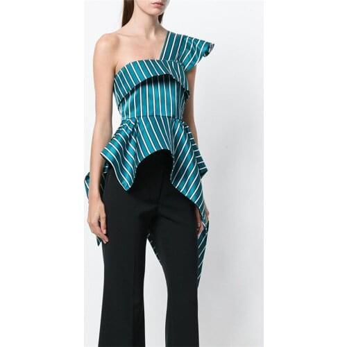 Irregular Sleeveless Striped Blouse Women Green Slim One Shoulder Asymmetric Backless Zipper Back Office Lady Fashion Tops