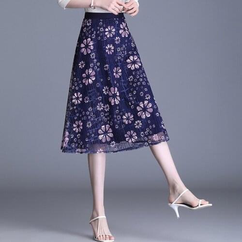 Elegant Lace Print High Waisted A-line Plus Size Skirt Women 2021 Summer Fashion Loose Casual Big Swing Knee Legnth Skirts 2111
