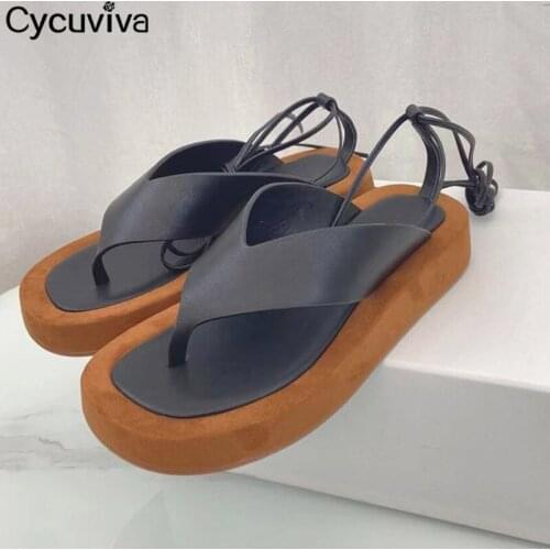 Flip Flops Summer Thick Bottom Sandals Ankle Strap Lace Up Brand Runway Summer Vacation Beach Flat Platform Lazy Shoes For Women