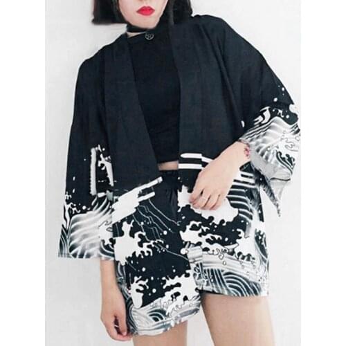 Womens Tops Retro Summer Long Wave Printed Chiffon Clothes Sunscreen Cardigan Beach Cover Blouse