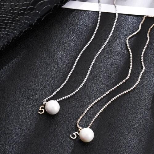 Women Luxury Cubic Zircon Chain Choker Gold Color Number 5 Round Pearl Pendant Necklaces Wedding Party Jewelry Accessories 2020