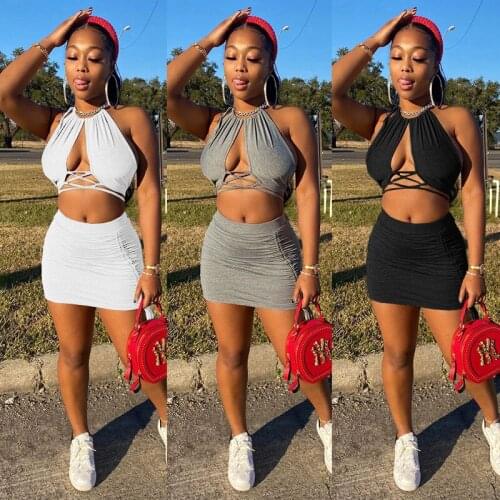 Echoine Sleeveless Wrap Lace Up Halter Backless Cross Hollow Out Crop Top Pleated Drawsting Mini Skirt set Sexy Bodycon Outfits
