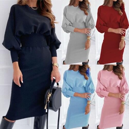 Lady Sexy Lantern Sleeves Dress Spring Autumn Women Casual Solid Color Round Collar Pocket Hip Dress Ladys Fashion Midi Clothes