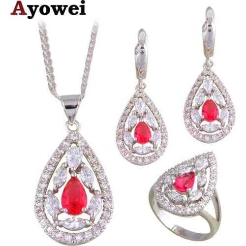 Ayowei Popular Style Rose Zircon Silver Stamped Sets Earrings Pendant Necklace jewelry set Rings Fashion Jewelry JS680A