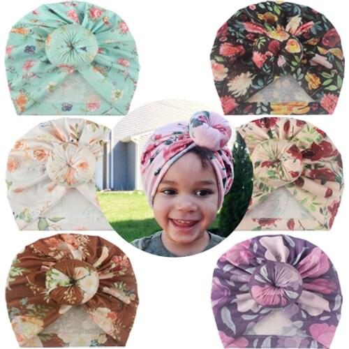 Toddler Floral Print Hats Kids Baby Boys Girls Knotted Hat Beanie Headwear Headbands Infant Girls Newborn Indian Headwraps
