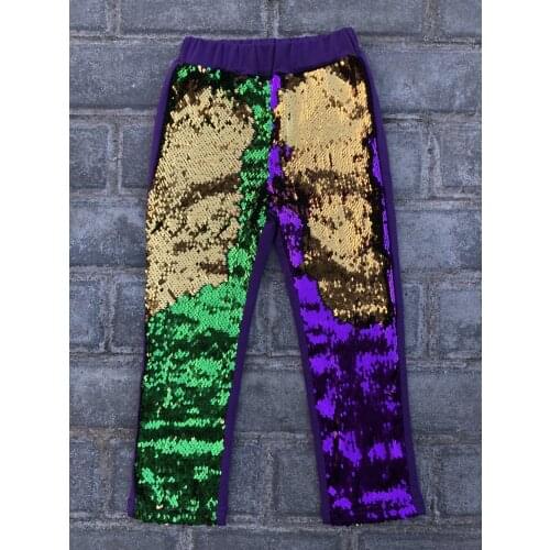 Mardi Gras Reversible sequin leggings pants Fashion Bling shiny Girls leggings purple gold green Pants kids legging girls pants