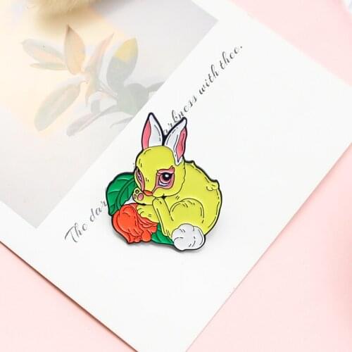 Yellow Little Rabbit Enamel Pin Lovely animals Red flowers Brooches Lapel Pin Fashion bag: a gift for children Custom Badge