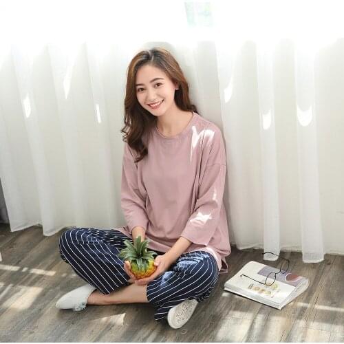 Cotton pregnancy nightwear T-shirt+Trousers maternity and nursing set striped sleepwear pregnant womens nursing nightgown