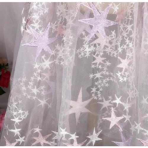 Stars Lace Fabric - Ivory/Pink/Purple Star Fabric, Embroidered Stars Tulle Fabric, Wedding Dress Fabric 57" Width 1 Yard