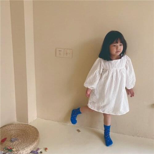 Girls Summer Dress 2021 Korean Style Children Dresses Solid Color Lace Clothing Fashion Embroidery Long Sleeve Kawaii Clothes