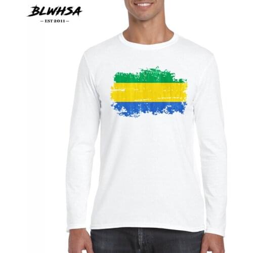 BLWHSA Newest Autumn Cotton Gabon Flag Nostalgic Design Printed T Shirt Mens Casual Long Sleeve O-neck T-shirts White S-2XL