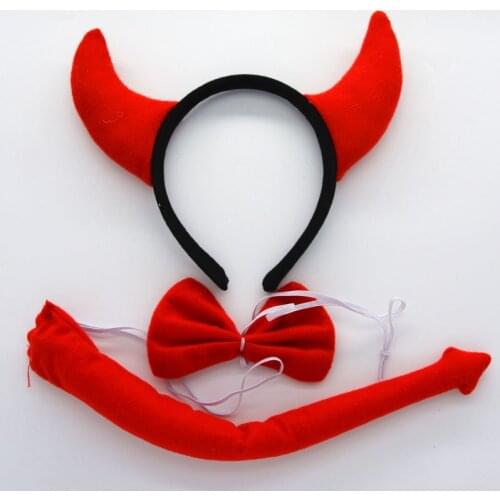 Black Red Devil Costume Cosplay Horns Headband Tail Tie Kids Adults Demon Hairbands Cosplay Set Party birthday Halloween Xmas