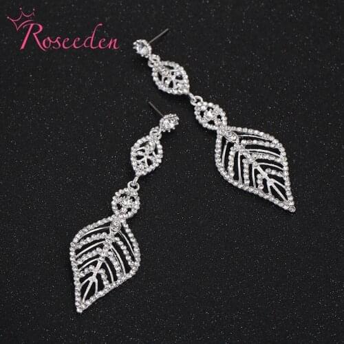 Wholesale Big Crystal Wedding Earrings Silver Color leaves Earrings Fashion Women Jewelry for Brides Party RE885