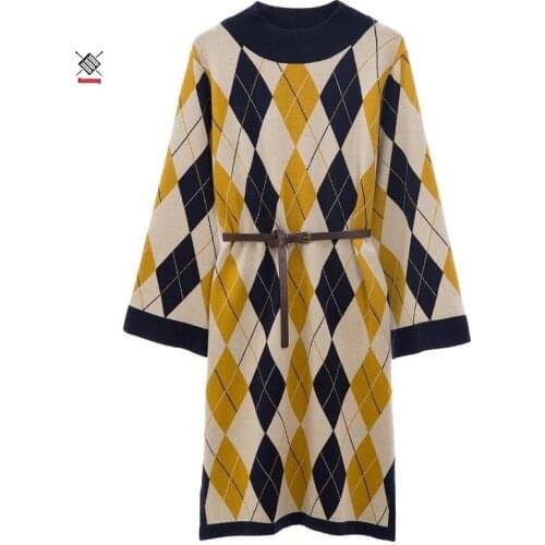 Retro Dress Diamond Check Half High Collar Casual Loos Sweater Dress Long Sleeve