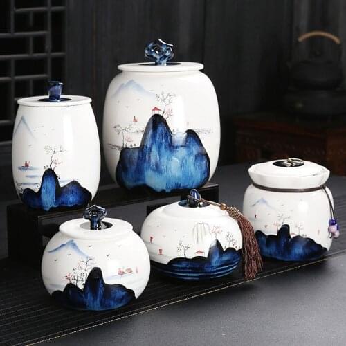 Retro Ceramic Tea Tin with Lid Hand Painted Porcelain Teas Storage Container Teaware Sealed Jars Coffee Table Desktop Organizer