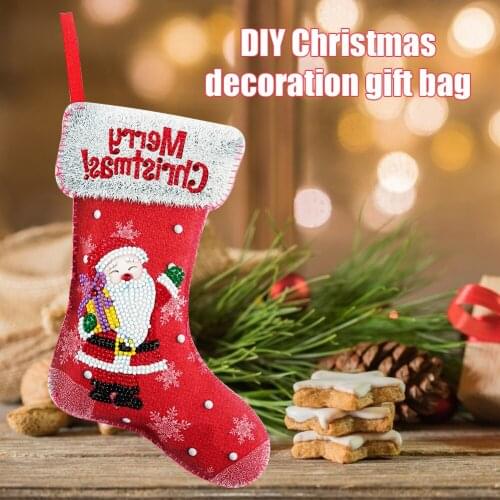 Christmas Stockings DIY Diamond Painting Art Crafts Non-woven Fabric Ornaments Christmas Tree Socks Pendant Candy Gift Bag Party