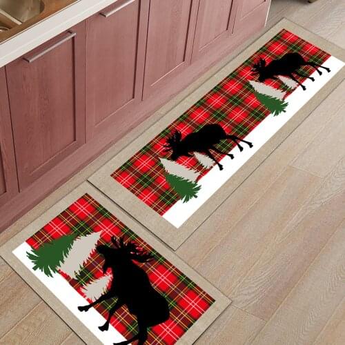 Christmas Retro Elk Plaid Texture Kitchen Mat Entrance Doormat Christmas Home Decor Living Room Carpet Bathroom Anti-slip Rug