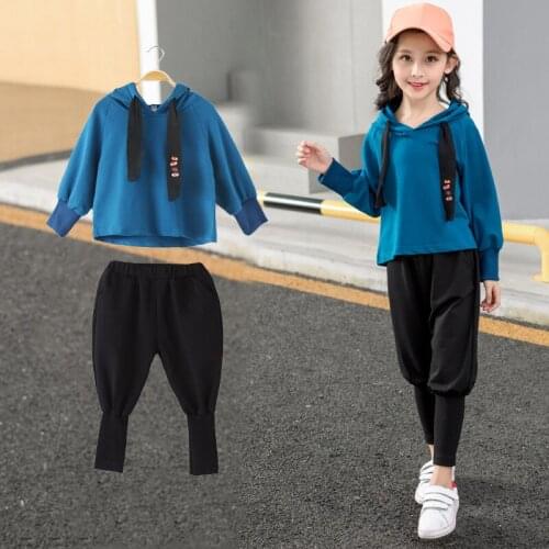 Long Sleeve Hooded Sweater and Pants Overall Suits Children Casual Two-piece Hip-hop College Style 4-14 year Girl Clothing Sets