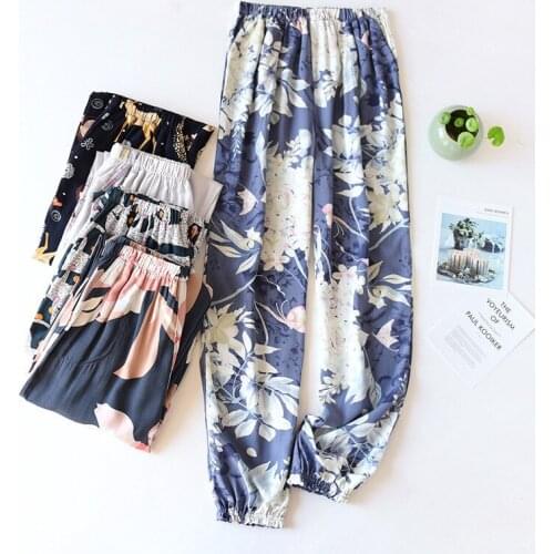 Synthetic Cotton Close-up Printed Pajama Pants Summer Thin Cool Mosquito Pants, Women Cotton Can Be Worn Outside Bend Home Pants