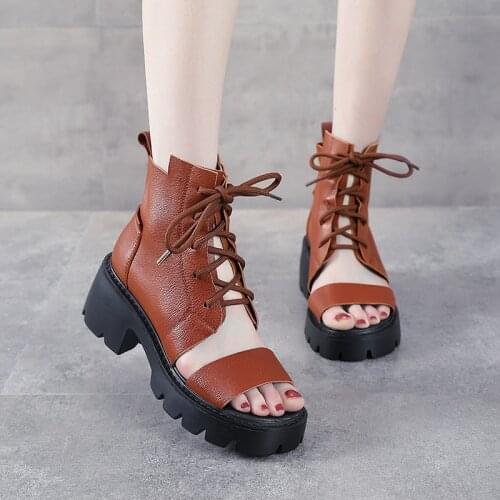 Top Layer Cowhide Sandals Trendy Lace-up Roman Shoes Leather Thick Bottom 2021 Summer New High-top Thick-heeled Women Sandals