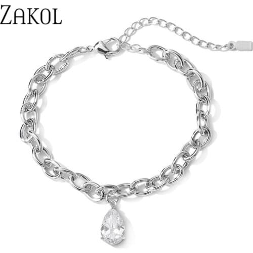 ZAKOL Luxurious Big Water Drop AAA Cubic Zirconia Chain Adjustable Bracelet for Women Fashion Hip Hop Wedding Party Jewelry