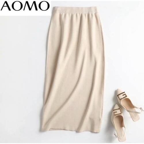 AOMO 2021 Women Beige Sweater Midi Skirt High Quality Office Ladies Elegant Chic Mid Calf Skirts 4C27A