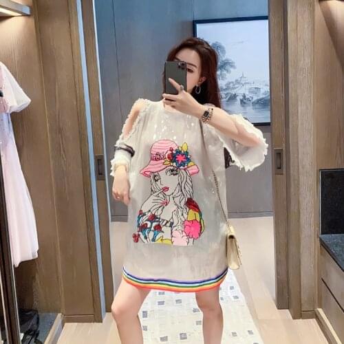 Ladies Fashion Loose Ruffle Stitching Sequins Street Half Trumpet Sleeve T-shirt Cartoon Pattern Round Neck Hollow Shoulder Top