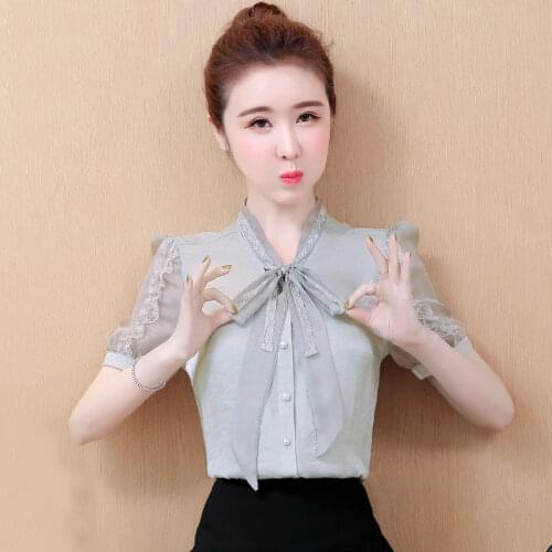 Womens Spring Summer Style Chiffon Blouses Shirt Womens Solid Color V-neck Bow Short Sleeve Korean Tops SP155