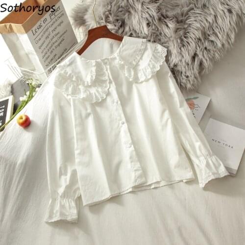 Women Shirts Autumn Outwear Womens Female Peter Pan Collar Kawaii Casual Preppy Korean Trendy Daily Date Chic Simple Cozy Loose