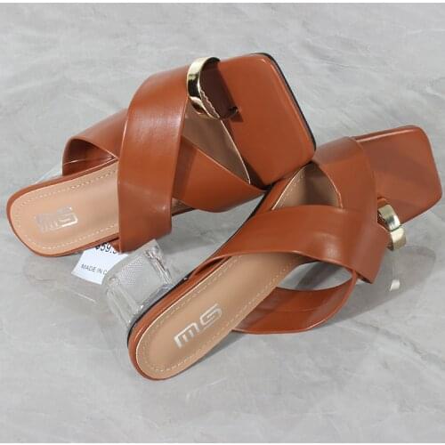 Womens slippers 2021 Europe summer new PU cross belt crystal thick heel middle heel comfortable simple sandals outside 5CM