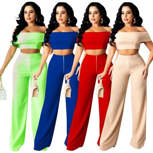 2021 Casual Women Tracksuit Two Piece Set Strapless Slash Neck Top And Long Wide Pants Solid Color Matching Sets For Women