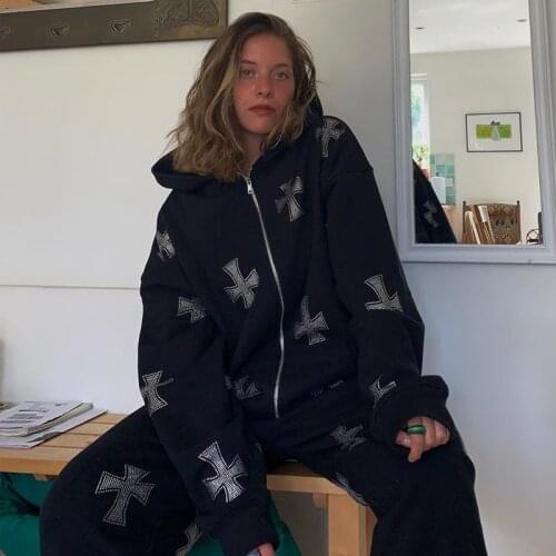 Korean Fashion Punk Sport Coat Pullover Rhinestone Gothic Streetwear Long Sleeve Zip Hoodie Y2k Hip Hop Joggers Women Sweatshirt