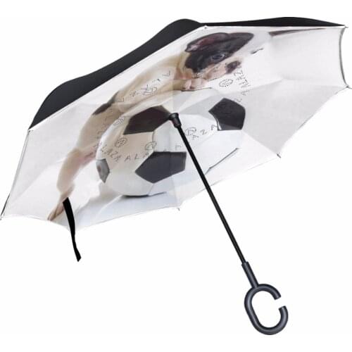 French Bulldog Puppy with Soccer Ball Reverse Umbrella Folding Double Layer Inverted C Hand Holder Stand Rain Windproof Umbrella