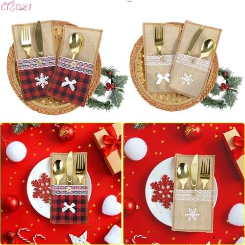 1/2pcs Christmas Fork Knife Cutlery Holder Bag Plaid Linen Pocket Christmas Decor Tableware Cutlery Holder Set Xma Table Decor