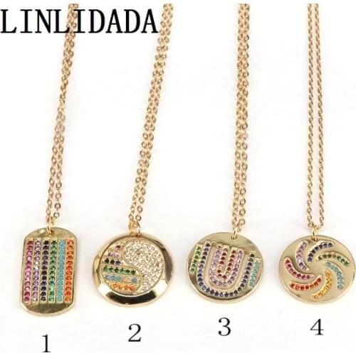 10Pcs High Quality Round Pendant Necklace Copper Pave Rainbow Zirconia CZ Stone Necklace with Golden Chain Jewelry For Women Men
