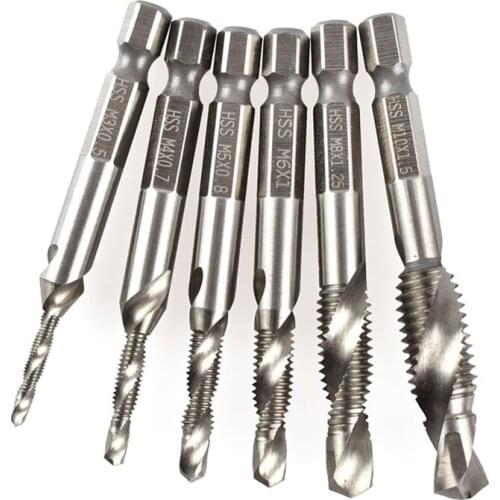 6Pcs M3-M10 Hex Shank High-speed steel 4341 multifunctional one-piece composite tap titanium-plated HSS Screw Thread Drill Bits