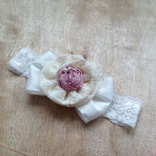 Free Shipping Ivory Dupioni Silk Bow Pink Rolled Lace Flower Headband Kids Hair Accessories
